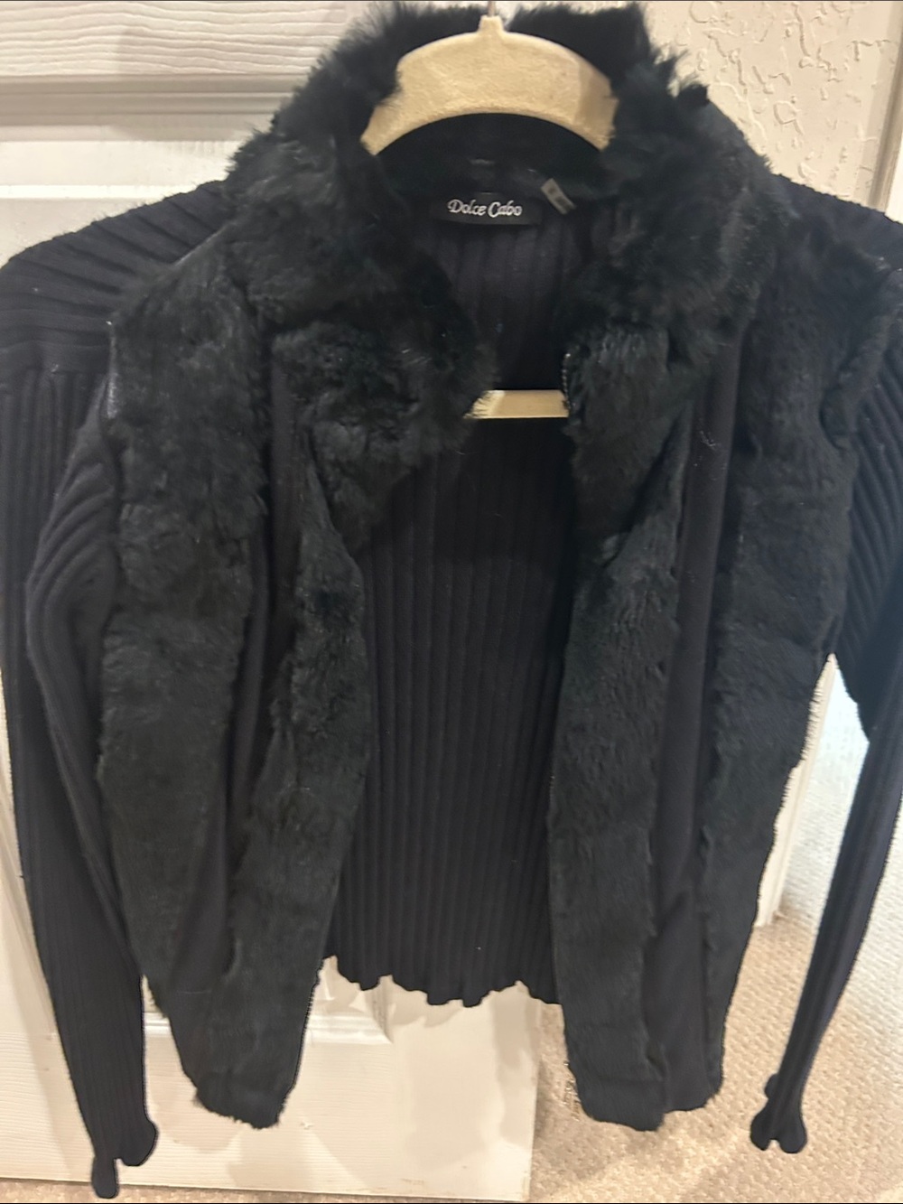 Dolce Cabo Black Faux Fur Trim Knit Sweater